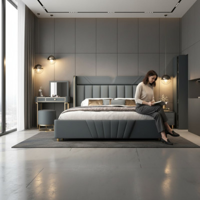 Schlafzimmer Graues Bett Designer Möbel Luxus Materialien Holzgestell