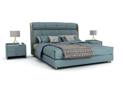 Blaues Schlafzimmer Doppelbett Designer Möbel LED-Bett Holz Textilbetten
