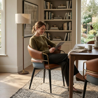 Brauner Lederstuhl Designer Esszimmer Möbel Holzstühle Textil Stühle