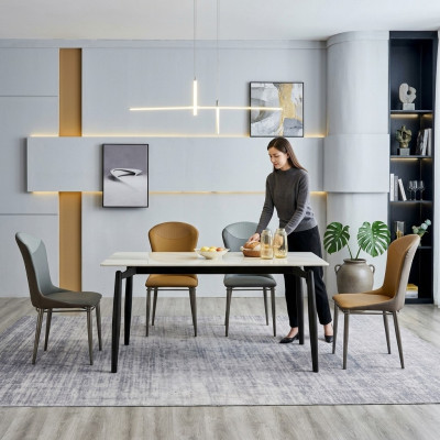 Esszimmergruppe Designer Weißer Esstisch 4x Lederstühle Sitzgruppe 5tlg