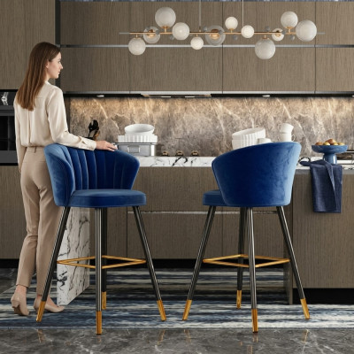 Blauer Barhocker Designer Möbel Edelstahl Polster 1-Sitzer Holzfüße