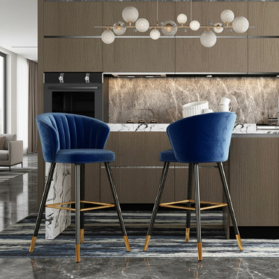 Blauer Barhocker Designer Möbel Edelstahl Polster 1-Sitzer Holzfüße