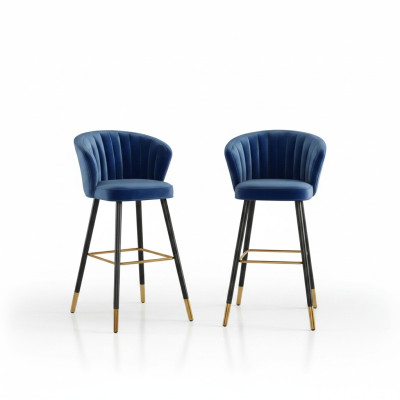 Blauer Barhocker Designer Möbel Edelstahl Polster 1-Sitzer Holzfüße