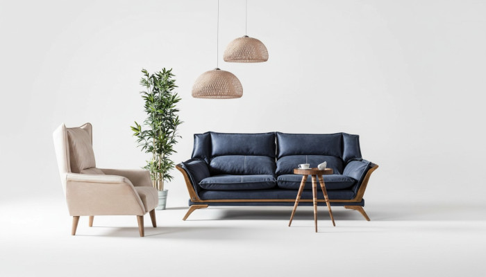 Blau-Weißes Wohnzimmer Sofagarnitur Dreisitzer Luxus Sessel Couch 2tlg