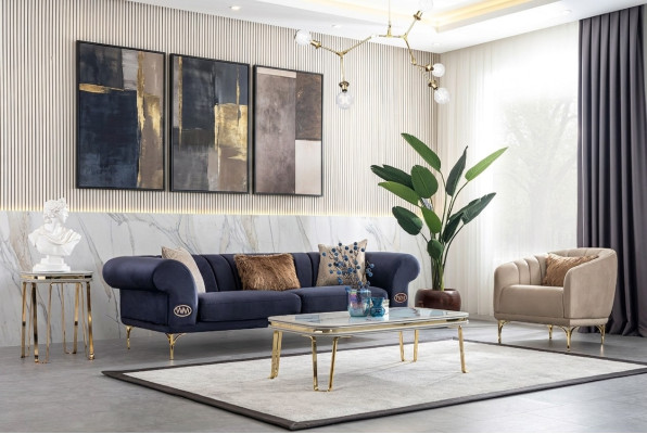 Moderne Blau-Beige Sofagarnitur Designer 3+1 -Sitzer Luxus Wohnzimmer Sessel