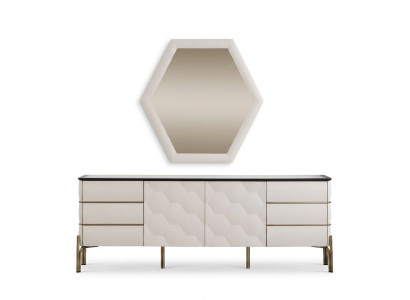 Moderne Esszimmer Garnitur Designer Weißes Sideboard Großer Spiegel 2tlg