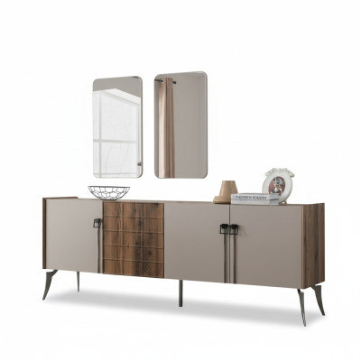 Moderne Beige Garnitur Luxus Sideboard 2x Spiegel Holzmöbel Anrichte