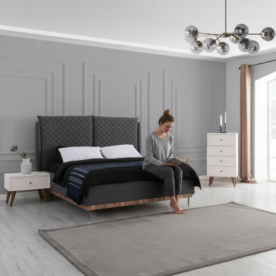 Schlafzimmer Garnitur Schwarzes Doppelbett Weiße 2x Holz Nachttische