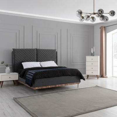 Schlafzimmer Garnitur Schwarzes Doppelbett Weiße 2x Holz Nachttische