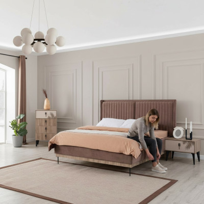 Braunes Schlafzimmer Doppelbett Designer Holz Moderne 2x Nachttische