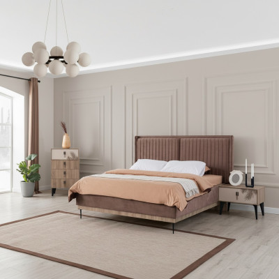 Braunes Schlafzimmer Doppelbett Designer Holz Moderne 2x Nachttische