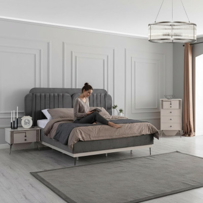 Schlafzimmer Modernes Set Graues Doppelbett 2x Design Nachttische 3tlg
