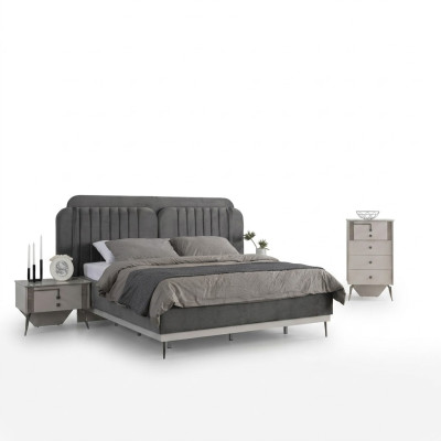 Schlafzimmer Modernes Set Graues Doppelbett 2x Design Nachttische 3tlg