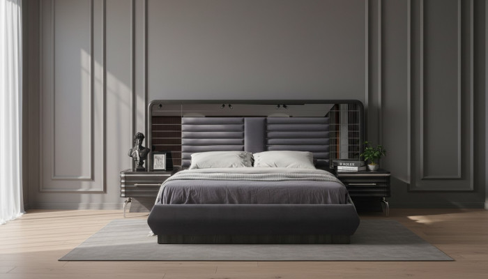 Graue Schlafzimmergarnitur Doppelbett 2x Nachttische Mit Schubladen