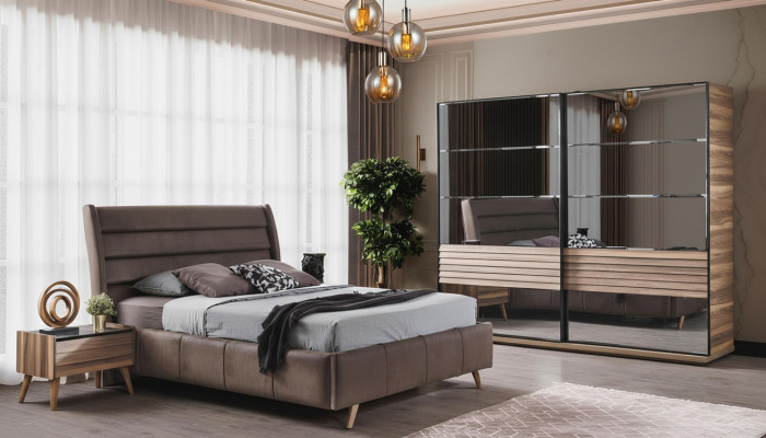Moderne Schlafzimmer Möbel Polster Doppelbett Holz Nachttische Schrank
