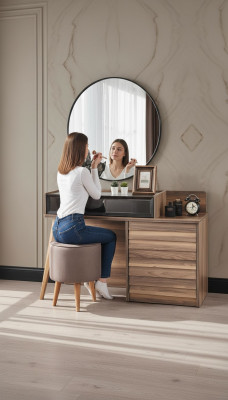 Brauner Holz Schminktisch mit Rundspiegel Designer Schlafzimmer 2tlg Set Konsole