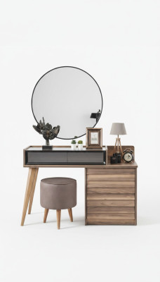 Brauner Holz Schminktisch mit Rundspiegel Designer Schlafzimmer 2tlg Set Konsole