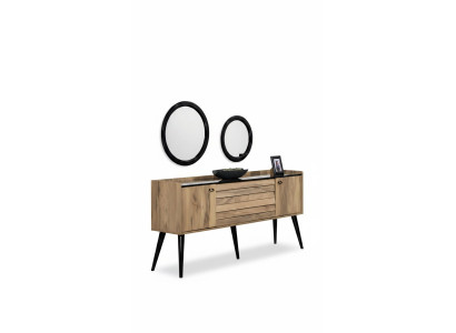 Designer Esszimmer Möbel Set Hellbraunes Holz Sideboard Glas Spiegel