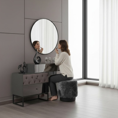 Designer Grauer Schminktisch Rundspiegel Polsterhocker Luxus 3tlg Set