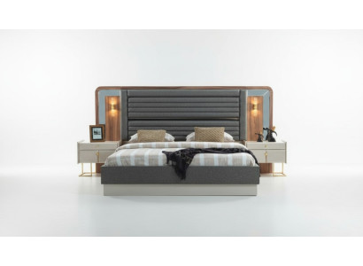 Graue Betten Designer Schlafzimmer Doppelbett 2x Holz Nachttische 3tlg