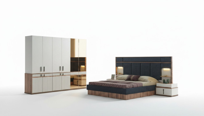 Möbel Luxury Bett 2x Nachttische Kleiderschrank Schlafzimmer Set