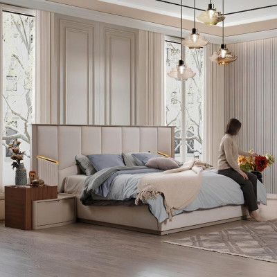 Moderne Beige Schlafzimmer Garnitur Luxuriöses Doppelbett + Nachttische