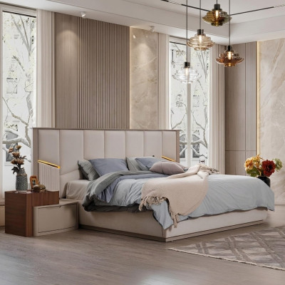 Moderne Beige Schlafzimmer Garnitur Luxuriöses Doppelbett + Nachttische