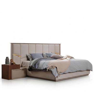 Moderne Beige Schlafzimmer Garnitur Luxuriöses Doppelbett + Nachttische
