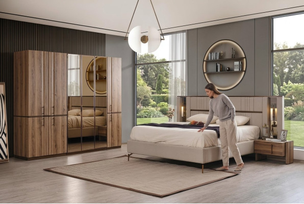 Modernes Beiges Doppelbett 2x Nachttische Kleiderschrank Holz Möbel