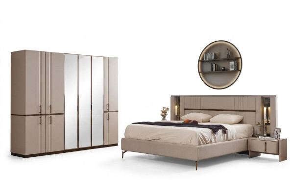 Modernes Beiges Doppelbett 2x Nachttische Kleiderschrank Holz Möbel