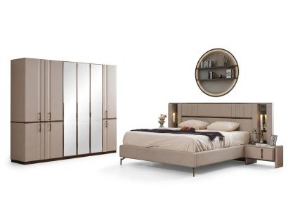 Modernes Beiges Doppelbett 2x Nachttische Kleiderschrank Holz Möbel