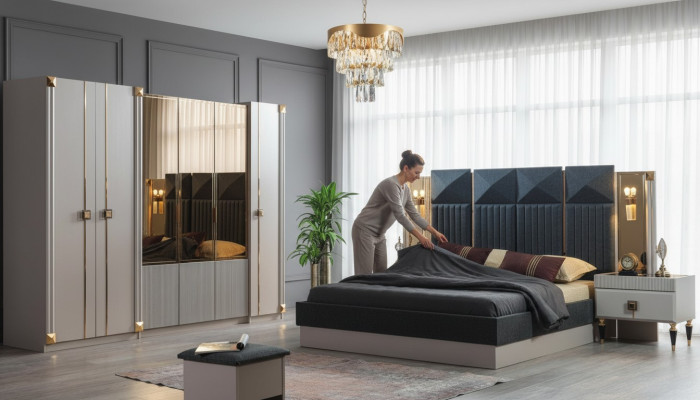 Luxuriöse Schlafzimmer Möbel Polster Doppelbett Holz Nachttische Schrank