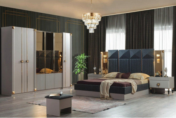 Luxuriöse Schlafzimmer Möbel Polster Doppelbett Holz Nachttische Schrank
