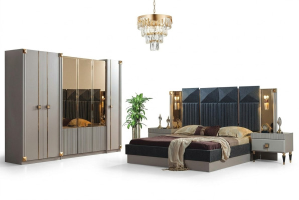 Luxuriöse Schlafzimmer Möbel Polster Doppelbett Holz Nachttische Schrank