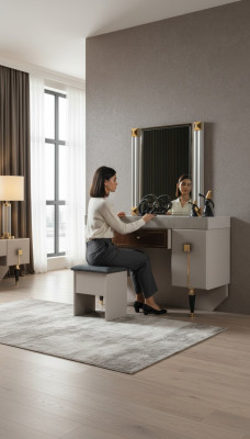 Moderne Schlafzimmer Holz Möbel Schminktisch Hocker Spiegel Garnitur
