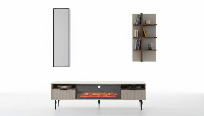 Beige Wohnwand Designer TV-Schrank Wandregal Luxus Holz Regal 3tlg Set