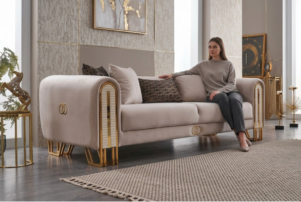 Luxus Sofa Couch Gold Metall Dreisitzer Couchen Polster Dreisitzer Stoff