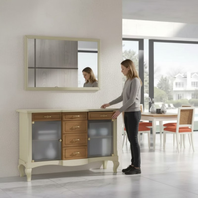 Anrichte mit Spiegel Esszimmer Garnitur Kommoden Holz luxus Möbel Neu