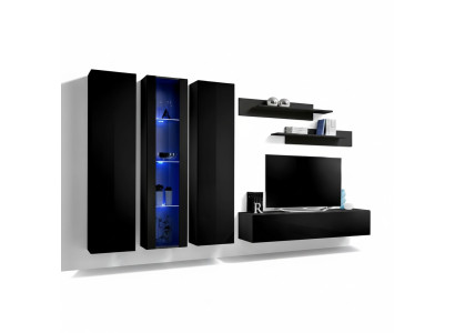 Holzmöbel Wohnwand Wandschrank Schwarz TV-Ständer Garnitur Hänge Vitrine