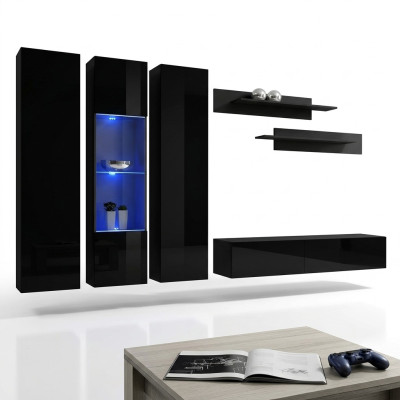 Wohnwand Set 6 tlg Luxus Wohnzimmer TV Ständer Holz Wandregal Wandschrank Neu