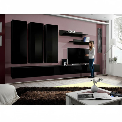 Komplett Set 7 tlg Schwarz Wohnwand Wandschrank Holzmöbel Luxus Möbel Neu