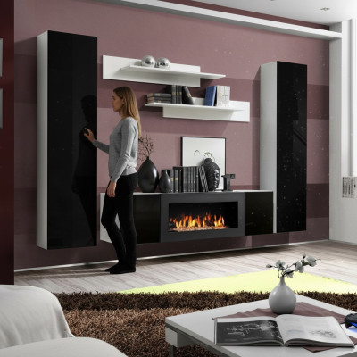 Wohnwand TV-Ständer mit Kamin Wohnzimmer Designer Wandregale Wandschrank Holz