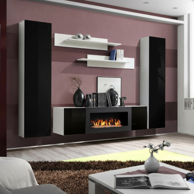 Wohnwand TV-Ständer mit Kamin Wohnzimmer Designer Wandregale Wandschrank Holz
