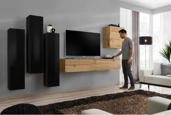 Schwarz Wohnzimmer Komplett Set Sideboard RTV Schrank Wand Garnitur Luxus Möbel
