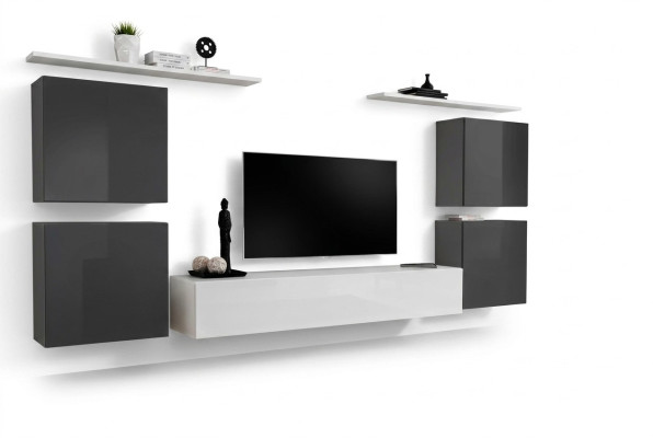 Wohnzimmer Weiß Wohnwand Set Wandregal TV-Ständer Holzmöbel 2x Vitrine Wohnwand