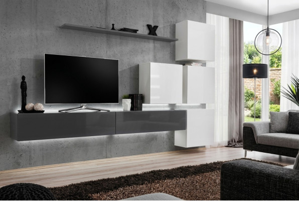 Grau Wandregal TV Ständer Luxus Komplett Stil Modern Wohnzimmer Neu Einrichtung