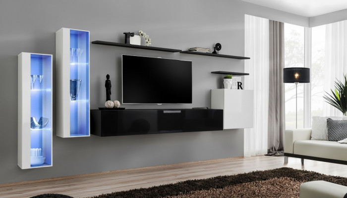 Wohnzimmer Schwarz Set Wandschrank Vitrine Luxus Wohnwände TV-Ständer Design Neu