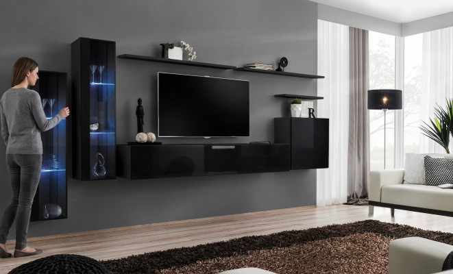 Schwarz Wohnwand Garnitur Wohnzimmer Wandregal Luxus Vitrine Komplett Set