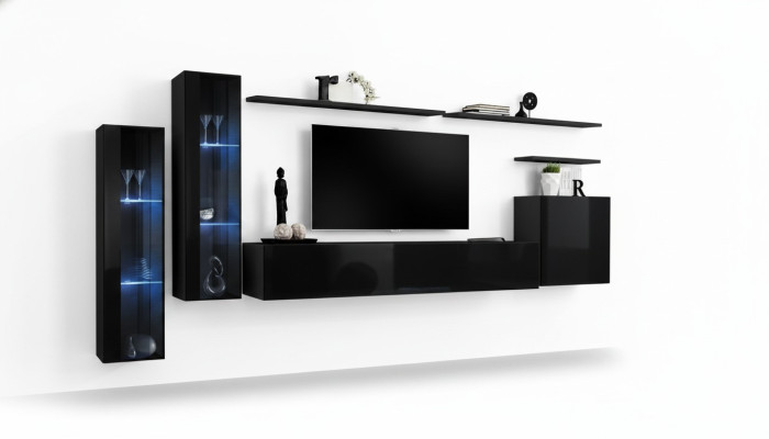 Schwarz Wohnwand Garnitur Wohnzimmer Wandregal Luxus Vitrine Komplett Set