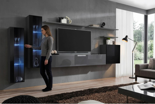 Wohnzimmer Holz Komplett Grau TV-Ständer Design 3x Wandschrank Luxus Wohnwand